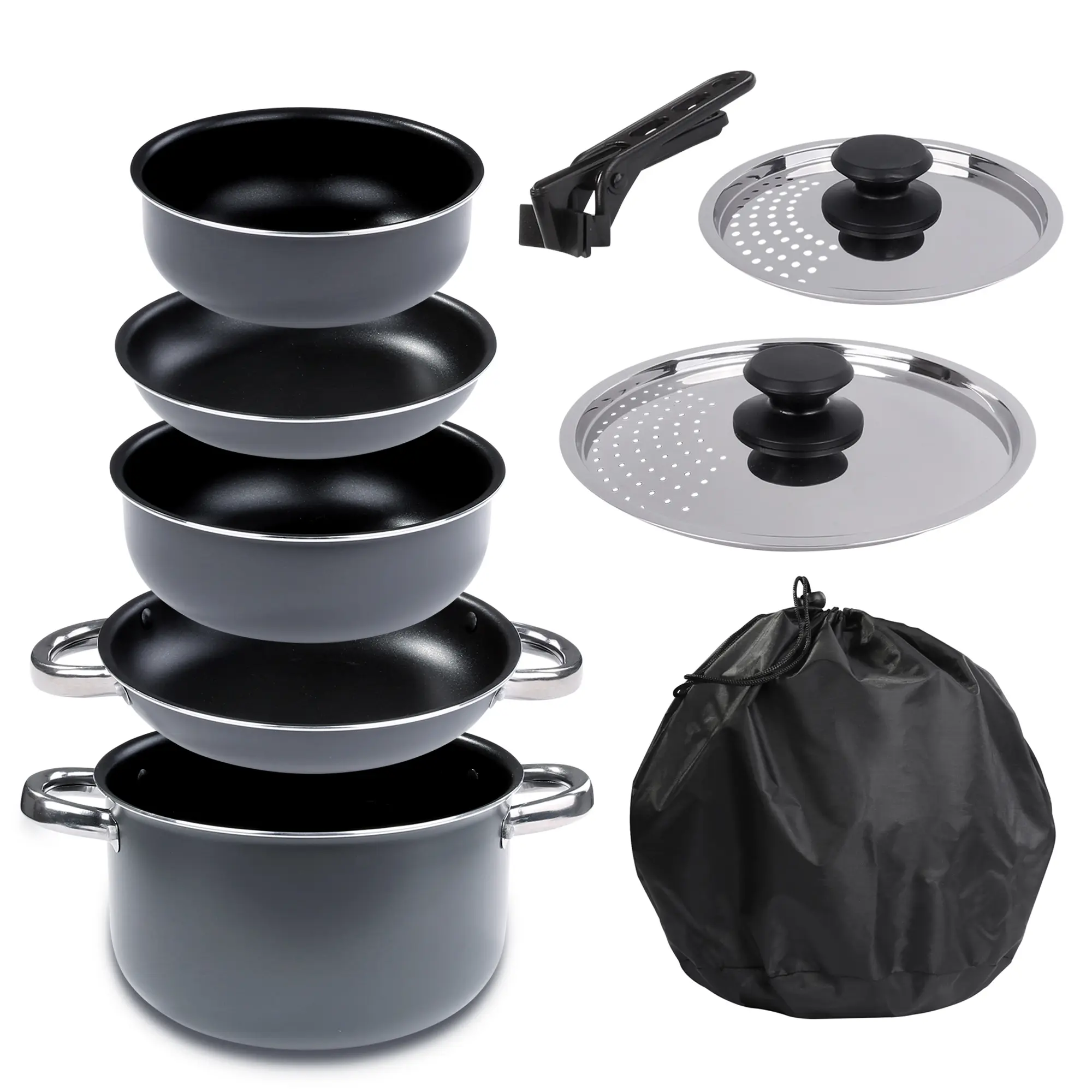 your GEAR Ranger Family - Topf Pfannen Set 6 Mann 9 tlg. Camping Kochset  Kochgeschirr im Netzbeutel